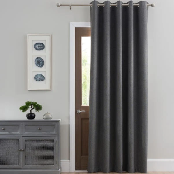 Dunelm Luna Brushed Charcoal Blackout Eyelet Door Curtain 1 Dunelm Luna Brushed Charcoal Blackout Eyelet Door Curtain
