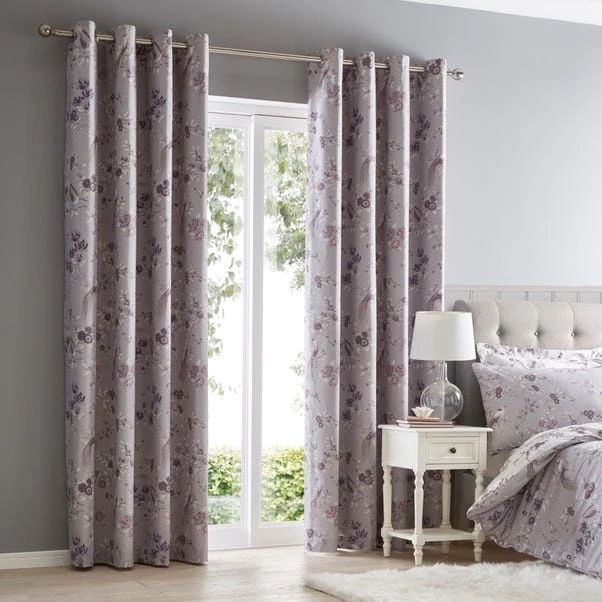 Dunelm Oriental Bird Purple Blackout Eyelet Curtains 2 Dunelm Oriental Bird Purple Blackout Eyelet Curtains - Image 2