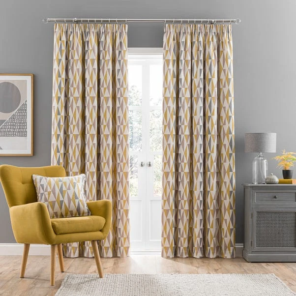 Dunelm Elements Triangles Ochre Chenille Pencil Pleat Curtains 2 Dunelm Elements Triangles Ochre Chenille Pencil Pleat Curtains - Image 2