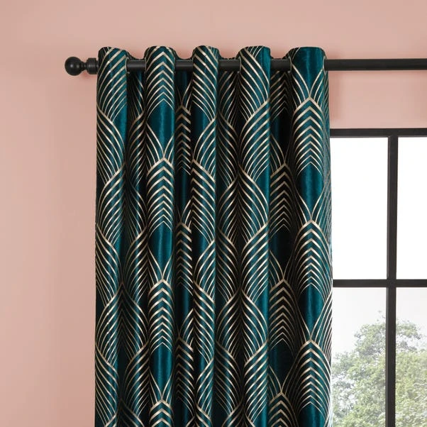 Dunelm Geo Foil Peacock Eyelet Curtains 1 Dunelm Geo Foil Peacock Eyelet Curtains