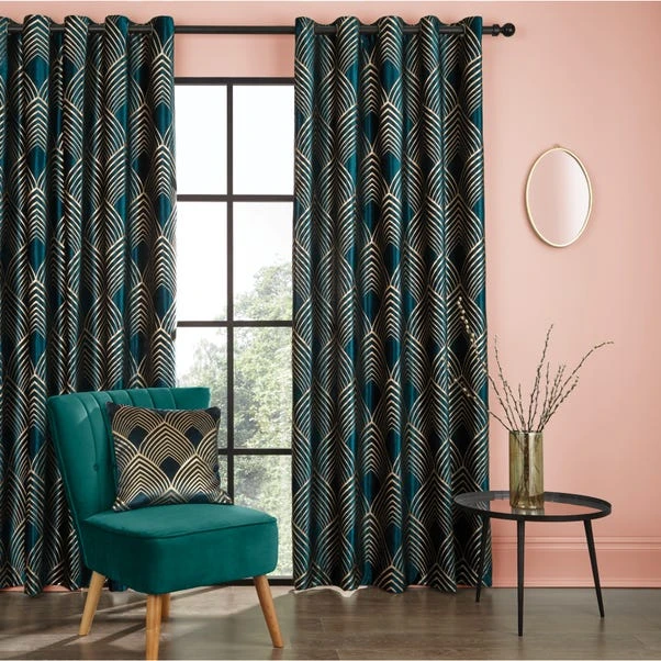 Dunelm Geo Foil Peacock Eyelet Curtains 2 Dunelm Geo Foil Peacock Eyelet Curtains - Image 2
