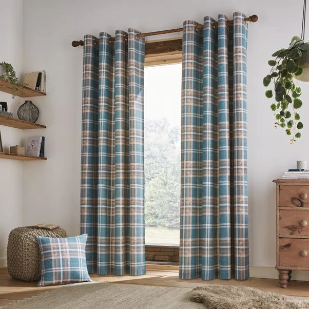 Catherine Lansfield Tweed Woven Check Teal Eyelet Curtains 2 Catherine Lansfield Tweed Woven Check Teal Eyelet Curtains - Image 2