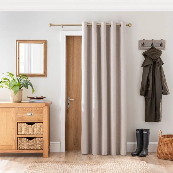 Dunelm Luna Brushed Pebble Blackout Eyelet Door Curtain 1 Dunelm Luna Brushed Pebble Blackout Eyelet Door Curtain