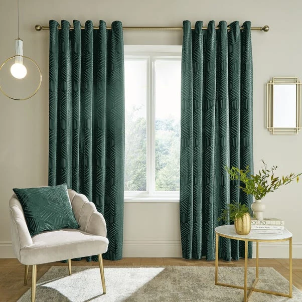 Catherine Lansfield Geo Cut Green Eyelet Curtains 2 Catherine Lansfield Geo Cut Green Eyelet Curtains - Image 2